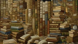 A densely packed, wall-like composition of open and closed books, creating a rich tapestry of knowledge and imagination. The books are stacked and arranged in various orientations, with some lying flat and others standing upright. Many of the books are open, revealing pages filled with text and illustrations, while others are closed, their spines displaying titles and decorative elements. The color palette is dominated by warm, earthy tones, with shades of brown, beige, and cream from the paper