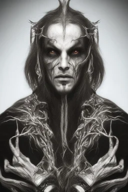 Symmetric portrait of a man with black metal facepaint , looking like Nergal from Behemoth, holding black candle