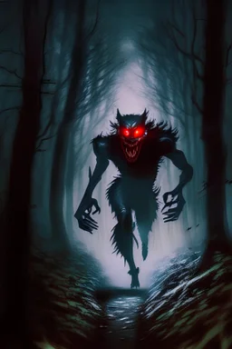 selenderman with shining red eyes in dark forest running towards camera
