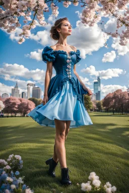 fullbody girl makeup wearing a victorian short dress walking in moder city of 2040 park ,flowers ,pretty clouds in blue sky,city escape.