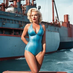 Marilyn in swimsuit on a large industrial ship in a photo of the style of the 90ties, she sweats and hold a trident a menacing way