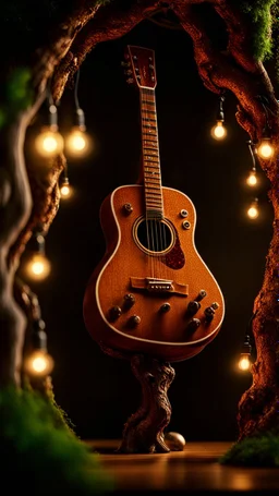 portrait of hairy sweedish rock guitar ninja potato living inside a tree house in a hollow huge tree growing light bulbs, singing into ornate studio mic,bokeh like f/0.8, tilt-shift lens 8k, high detail, smooth render, down-light, unreal engine, prize winning