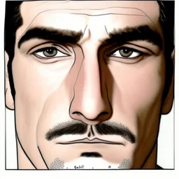 About drawing these features of a man's face Eyes: almond-shaped, medium-sized with defined eyelids and a direct and steady look. nose: a nose with prominent features, straight and with a slightly pointed tip, which can be described as a Roman nose. Mouth: Medium width with defined lips, neither too full nor too thin. Eyebrows: Naturally dense and curved, to match the shape of the face. Big Mustache: dense and arched following the shape of the upper lip.Chin and jaw: A prominent chin and defined