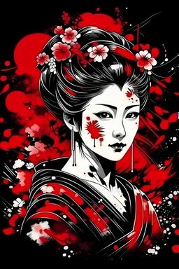 Graphic for t-shirt print. Ink art style Geisha with range, red elements ink