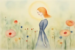 woman in the flowergarden, styles of Paul Klee Dee Nickerson and Tim Burton, melting watercolor and black ink outlines on wet paper, soft, shading strokes, in sunshine, ethereal, otherwordly, cinematic postprocessing, bokeh, dof