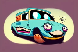 whimsical cartoon car with big eyes and its front grill forming a friendly smile, with a mouse character riding on it.