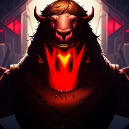 closeup face anthropomorphic bison sorcerer releasing a spell, relaxed, in the style of greg rutkowski cyberpunk red glowing light from inside, detailed, realistic, hight quality