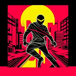 Ilustración minimalista de un ninja arte nouveau neón lineal color negro blanco rojo y amarillo calidad ultra fondo ciudad