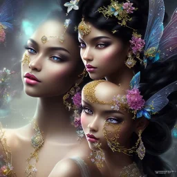 black skin fairy, beautiful portrait, flowery landscape