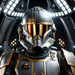 star wars bald male corellian pilot wearing dark gunmetal grey and black First Order special forces TIE pilot armored flightsuit and helmet with gold trim inside the jedi temple, centered head and shoulders portrait, hyperdetailed, dynamic lighting, hyperdetailed background, 8k resolution, volumetric lighting, light skin, fully symmetric details