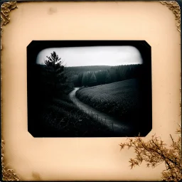 Daguerrotype frame old landscape odd creepy obsessive great nostalgia weird, old postcard landscape, cespugli, sfocato, sentiero, osceno, dettagli della cornice molto accentuati, polvere, horror, tridimensional