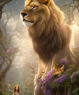 Young beautiful girl wearing floral crown and standing next to a stunning lion on nature forest path, Chronicles of Narnia, Aslan and Lucy, 8k resolution, high-quality, fine-detail, iridescent, intricate, digital art, detailed matte, volumetric lighting, beautiful, illustration, 3D octane render, brian froud, howard lyon, selina french, anna dittmann, annie stokes, lisa parker, greg rutowski,