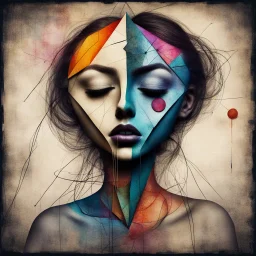 Whimsical kissing: This strange asymmetric abnormal kissable beautylady has a head that looks like a triangle, a square and a circle sewn together with cords. Colorful abstract art, mixed media. Disturbing, turpistic, dark. Scratches. Kissing background.