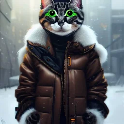 Cyberpunk Portrait of cyborg cat child with brown hair and with cute face, north pole snowy vibe , perfect composition, hyperrealistic, super detailed, 8k, high quality, trending art, trending on artstation, sharp focus, studio photo, intricate details, highly detailed, by greg rutkowski