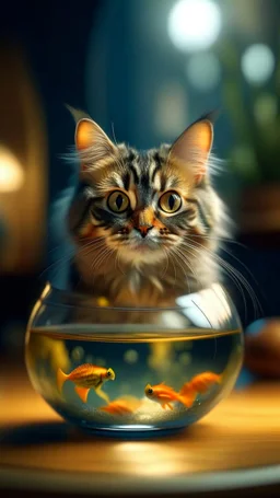 portrait of confused old cat holding a glass bowl with an animated gold fish in glass nursery having grown beaks and claws, bokeh like f/0.8, tilt-shift lens 8k, high detail, smooth render, down-light, unreal engine, prize winning