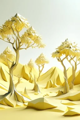 An ivory yellow arid desert with dry trees designed in Japanese origami painted by Qiu Ying