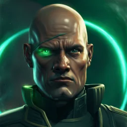 star wars bald male corellian jedi pilot wearing gunmetal grey and black old republic armored robes with gold trim inside the jedi temple holding a lightsaber with viridian green blade in left hand, centered head and shoulders portrait, hyperdetailed, dynamic lighting, hyperdetailed background, 8k resolution, volumetric lighting, light skin, fully symmetric details