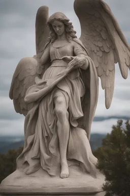 Avery close up of a large statue on a cliff of a crying angel