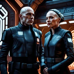 a bold and heroic bald male Corellian pilot in black and metallic grey First Order special forces gear meets a female Jedi Master in ancient, mystical temple, hyperdetailed, dynamic lighting, hyperdetailed background, 8k resolution, volumetric lighting, light skin, fully symmetric details