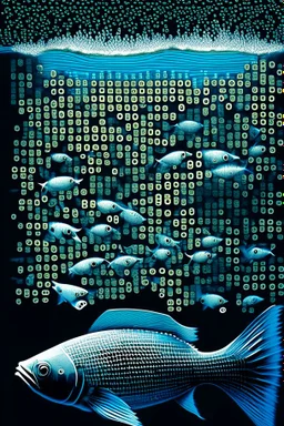 The artwork "school of ASCII fish swimming by" depicts a school of fish where each one is created from a less than sign, a greater than sign, and a less than sign on the computer keyboard "<><"