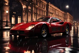 Ferrari Testarossa ),rain,reflections,4k,raytracing,night,driving,1940s london background