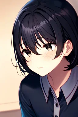 anime girl, short black hair, sad expression, sad eyes, unique lighting, Joshua, extreme close up, arms towards you, hands out of frame, kissing face, button down shirt,