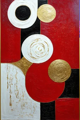 create picture of "Create an abstract painting in a vertical format, dominated by rich shades of red, white, black and shimmering gold. Emphasize textured surfaces and incorporate swirling, with golden lines, crescent-moon-like shapes. Include subtle hints of intricate, calligraphic-inspired details in black within golden big circular or oval forms."