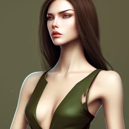 Woman with crook, back view, black trousers, green shirt, render background, brown hair