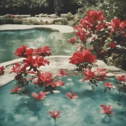 red Azalea in a swimming pool, autochrome, sunny day