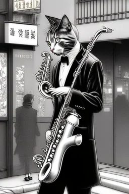 One single mature cat playing saxophone on the street, Osaka, thoughtful, mourning, model style, hyper realistic, extremely accurate, delicate, extremely detailed, Graphic novel style, wide-angle, open aperture, superfine pencil