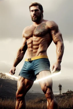 Ignore NSFW, teenager young rugged attractive slightly muscular fantasticly handsome blonde man, red briefs with yellow belt, hairy chest, (((visibly pisssing))) briefs, large erect visible boner peniss, photorealistic, artist Jay Anacleto, soft lighting, scruffy beard