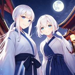 girl, masterpiece, best quality, cinematic lighting, detailed outfit, perfect eyes, white hair, blue eyes, long hair, low ponytail, hakama, shrine, smile, looking down, night sky, starry sky, full moon,