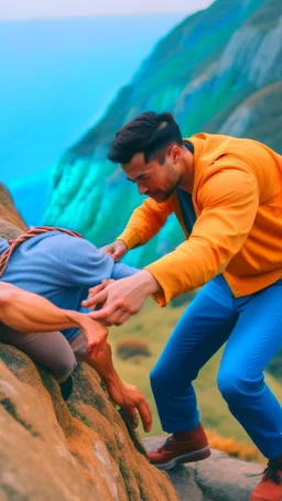 a man trying to help his friend from falling down the cliff by holding in one hand while the friend is tangling