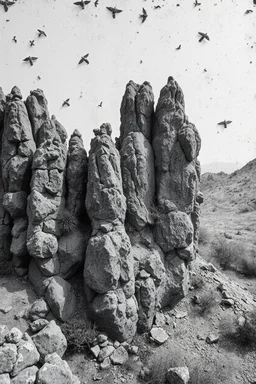 Photography Ilford, landscape, decalcomania, arbitrary textures on the canvas, reworked to resemble rock formations and forms of animals, plants, primordial-like, part vegetation, part rock and part bejewelled