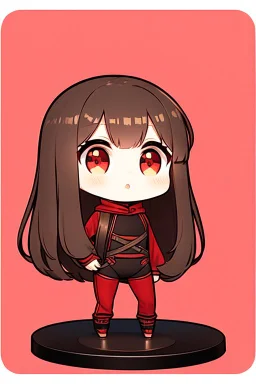 a full-body shot of a woman with long brown hair, red eyes, with a 'bad girl' vibe wearing black and red leather, ((Chibi anime doll style)), on a circular figurine stand, intricately detailed, splash art background