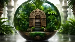 temple aztec mayan jungle palms in ball glass is an abstract concept that refers to a world made entirely of flowers or plants, often in a fantasy or mythical setting. The flower planet in this image appears to be a baroque world, with ornate spiral patterns and intricate designs.