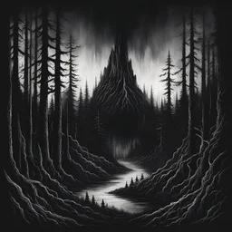 A black metal-styled album cover of gorgeous and dark nature scenery, menacing forest with colouring