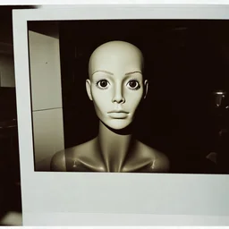 polaroid of a display mannequin with big wet eyes in an empty room, 1850