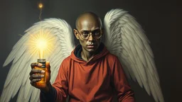 pin hole cam, master oil painting by Rembrandt, realistic rendering of crazy dark skinhead angel alien scientist holding a holy neon glowing super power tube gensis vial