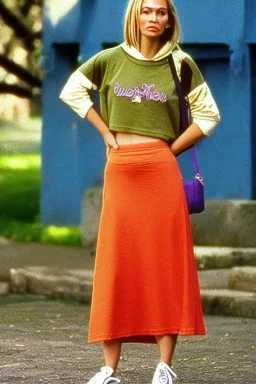 year 1996 fashion. Loose skirt, low waist. Combat t-shirt. Colors: denim blue, blue, purple, cream, khaki, light green, lilac, plum, orange, terracotta, red, light yellow, pink, dark blue, beige. Latex in small part. Sturnus vulgaris pattern prints.. bridget jones and jennifer lopez. Hoodie.