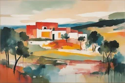 an abstract painting with fine ink outlining of an idyllic 16th century Spanish villa set amidst rolling hills and ancient olive groves at dawn , in the imagery-stain painting style of Helen Frankenthaler and Jean-Michel Basquiat, rich natural colors, museum quality masterpiece