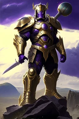 Thanos, the commander of the army of aliens and the king of the entire galaxy, is ready to go on a campaign with his two large swords, his very beautiful and impenetrable armor with his golden helmet, standing on top of a hill with his sword with infinity gauntlet