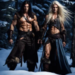 muscular male mountain man with long dark hair with a petit female long blonde hair and blue eyes, dark fantasy, snowy forest