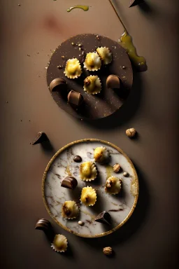 Ravioli, renaissance style still life Of Ravioli dish with natural chocolate and hazelnuts, olive oil. moisture, art, natural, ornaments, marble, gold, high kitchen, smooth, gradient color background, unreal engine 5, ray tracing, RTX, lumen lighting, ultra detail, volumetric lighting, 3d.