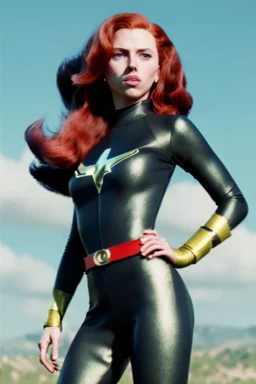 retro portrait image from 1960, sky background, wind, long red hair, fighting stance, sweet young Scarlett Johansson, black dress, classic long tight lycra black suit, gold bracelet and belt, high heel boots, superhero style, soft color, highly detailed, unreal engine 5, ray tracing, RTX, lumen lighting, ultra detail, volumetric lighting, 3d, finely drawn, high definition, high resolution.