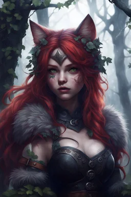 CAT GIRL, FANTASY, FORESTY, VINES, SOULLESS, FLUFFY TAIL, VIKING RED HAIR, METAL