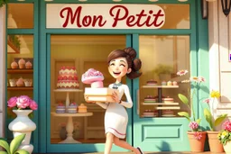 sign "Mon Petit" 3D video game character elegant young woman enthusiastically and cheerfully comes out of a dessert store, cake box in her hand, in the window cakes, cookies, macarons and flowers in sunshine