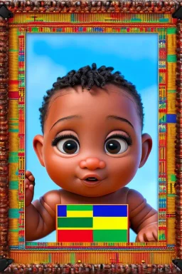 futuristic baby portrait in Kente, rusted clocks eyes, cinematic, scaffolding, ghana flag, african pattern symbols, engraved, 8k quality