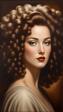 grant wood painting style , a portrait of a beautiful woman with large curly hair , front view with dark brown side lighting background, ultra high quality with ceramic lighting