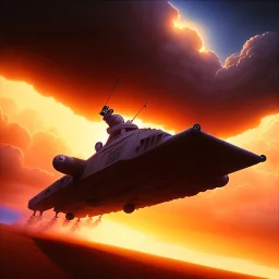 volumetric desert environment, Ralph McQuarrie style painting of an armored hovercraft with cannon, floating in the air, highly detailed, minutiae, clouds, storm, renderman, duststorm at sunrise,